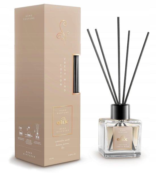 Elix - Geurstokjes Diffuser - Reed Diffuser - Luchtverfrisser - Interieur Parfum - Langdurige Huisgeur - voor Woonkamer, Slaapkamer, Kantoor & Badkamer - 100 ml - Cotton & Fresh Wind