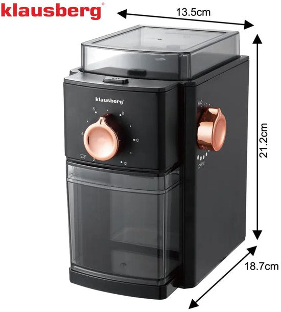 Klausberg - Koffiemolen - Elektrische Koffiemolen - Maalgraad Instelbaar - 250 g Bonenreservoir - Tot 12 Kopjes - Flat Burr Maalwerk - 150W - Zwart / Rose Gold