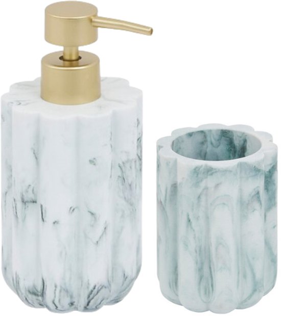 Ensemble d'accessoires de salle de bain – Accessoires de salle de bain modernes – Pompe à savon 230 ml et porte-brosse à dents – Ensemble distributeur de savon de luxe et porte-brosse à dents – Polyrésine – Marbre blanc