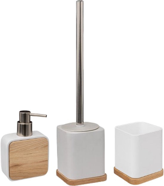 Ensemble d'accessoires de salle de bain Natureo - Set de salle de bain de luxe - Ensemble d'accessoires pour salle de bain - Brosse WC - Porte-brosse à dents - Distributeur de savon 300 ml - Polyrésine / FRÊNE - Blanc