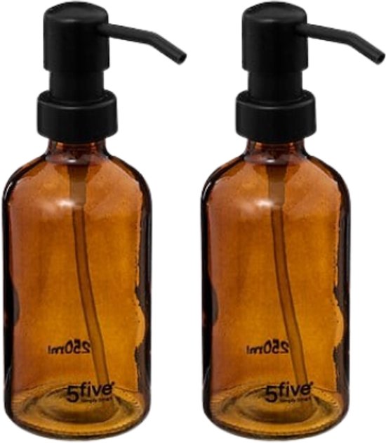 Distributeur de savon en verre - Lot de 2 - Distributeur de savon luxueux dans coffret de présentation - Accessoire pour salle de bain et cuisine - 250 ml - Marron