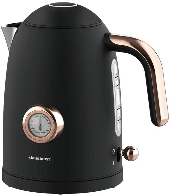 Klausberg retro waterkoker met thermometer – 1,7 liter RVS, mat zwart