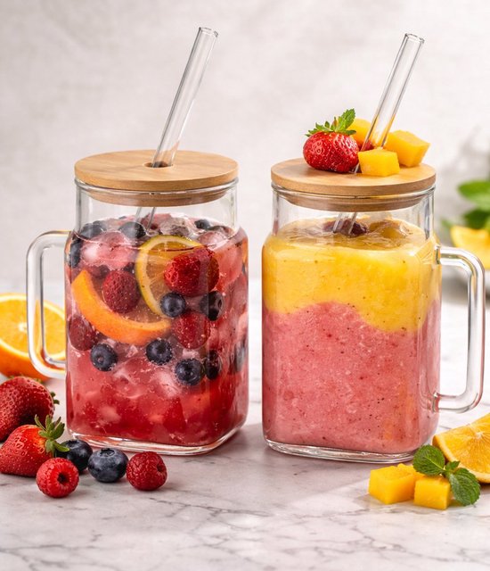 Matcha glazen met bamboe deksel en glazen rietje – set van 2, 550 ml – foto 2