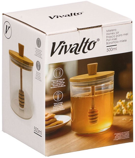 Glazen honingpot 500 ml – honing dispenser met handvat en bamboe deksel – foto 2