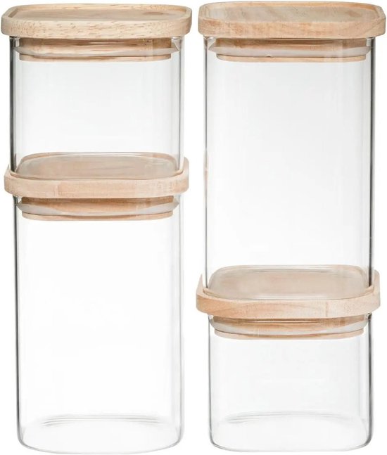 Set of 4 storage jars / glass canisters with wooden lid - 500 ml - 1000 ml - Storage jars with airtight lid