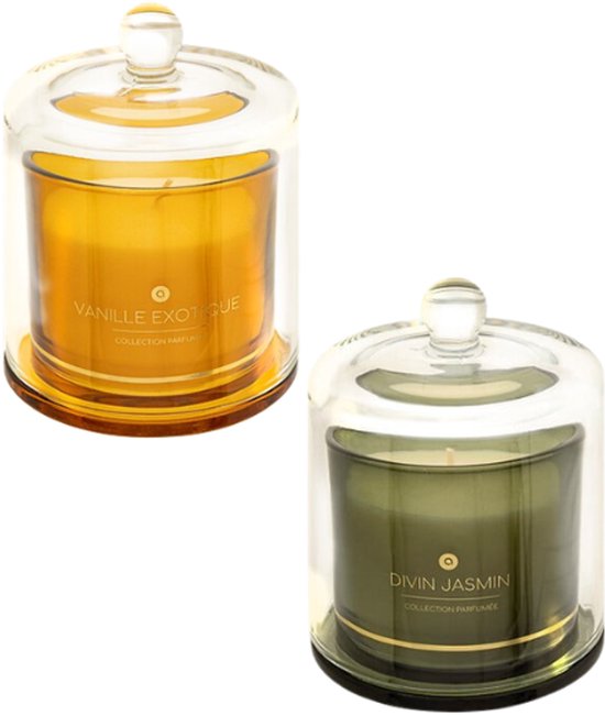 ILAE Bougie parfumée - Bougie parfumée en verre avec couvercle - Lot de 2 - Vanille & Jasmin - Scented Candles - Décoration d'intérieur de luxe - 240 g - Ø10,8 x 13,8 cm - Verre ambré & vert