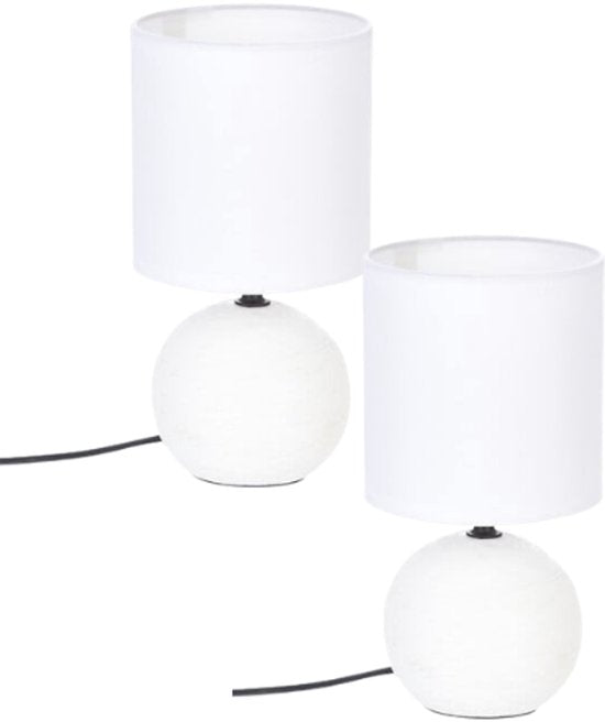 Timéo Table Lamp - Set of 2 - Table Lamps - Striped Sphere Lamp - E14 Table Lamp Mood Lighting - Ceramic - 25 cm in Height - White