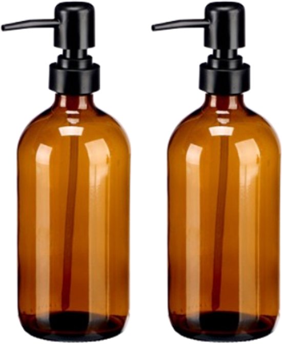 Bottle pump - Dispenser - Set of 2 - Round - Crystal Dispenser with Black Pump - 500 ml - 7.4 x 9.5 x 21.4 cm - Brown-Black