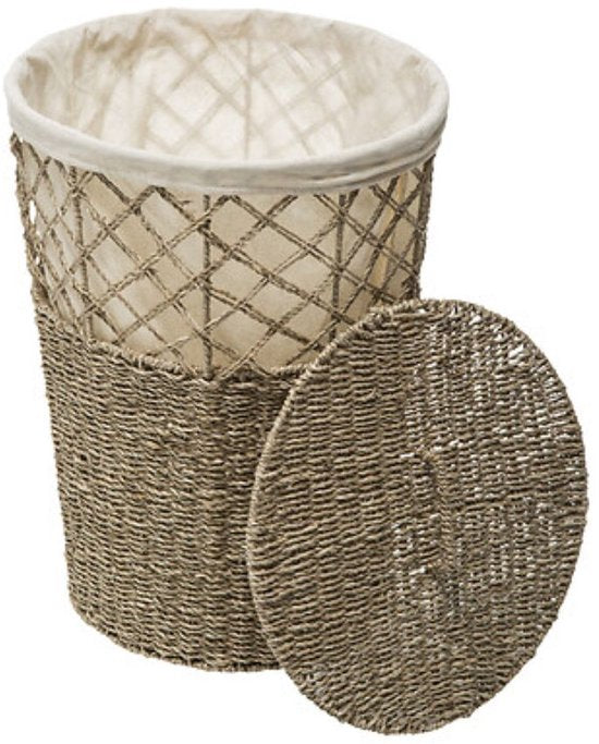 Rieten wasmand rond 41 liter – met katoenen waszak, Ø 38 x 55 cm, bruin – foto 2