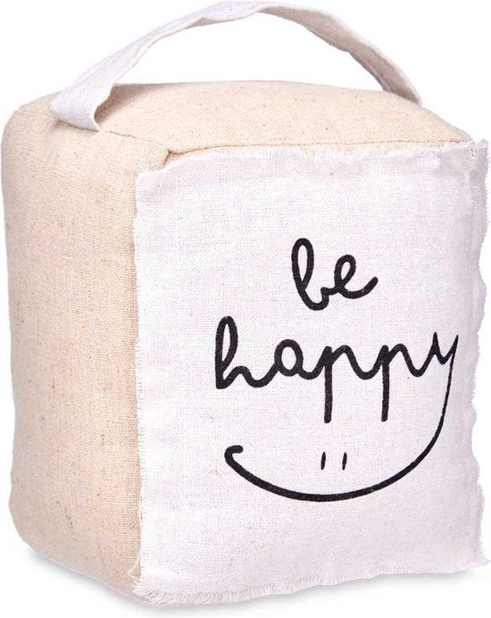 Giftdecor deurstopper Be happy – beige canvas, 1 kilo, 14,5 x 16 x 19 cm