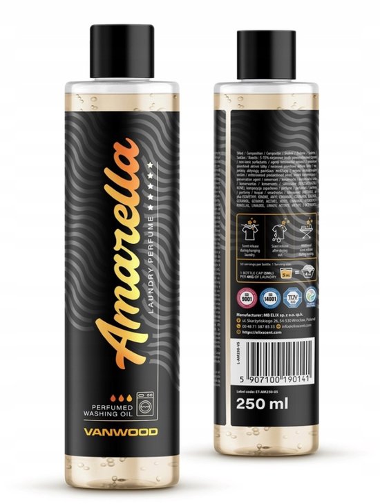Elix - Amarella Laundry Perfume - Wasparfum - Wasmiddel Parfum - Wasverzachter Alternatief - Wasgeur Concentratie Tot 50 Wasbeurten - Langdurige Kleding Geur - Parfum Olie voor Wasmachine - 250 ml - Vanwood