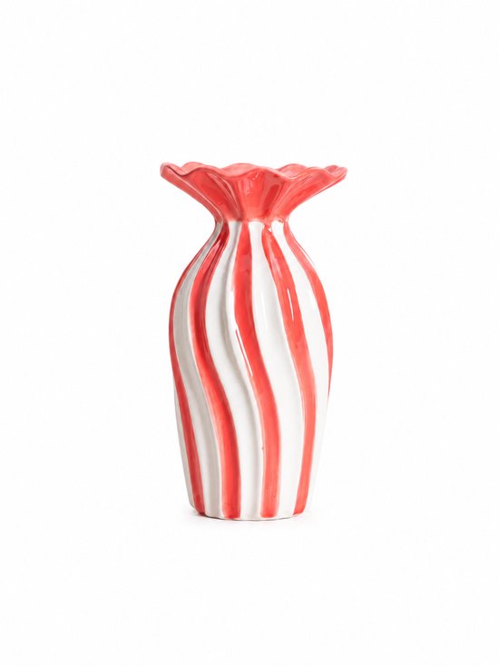 Homla - Vaas - Bloemenvaas - Keramische Vaas met Geribbelde Rand - Decoratieve Bloemenvaas - Moderne Vaas voor Verse Bloemen en Droogbloemen - 13,5 x 13,5 x 25,5 cm - Wit & Koraalroze