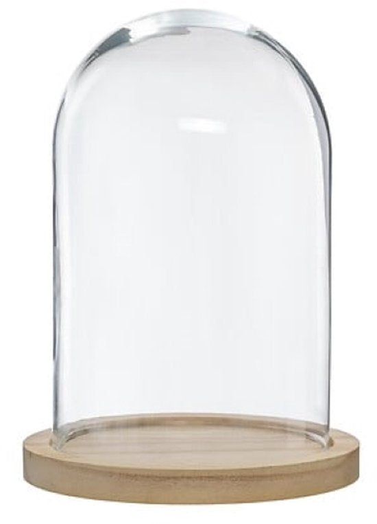 Glass Cloche - Glass Bell Jar - Glass Dome - Set of 2 - Decorative Cloche with Wooden Base - 18 x 25 cm - Transparent