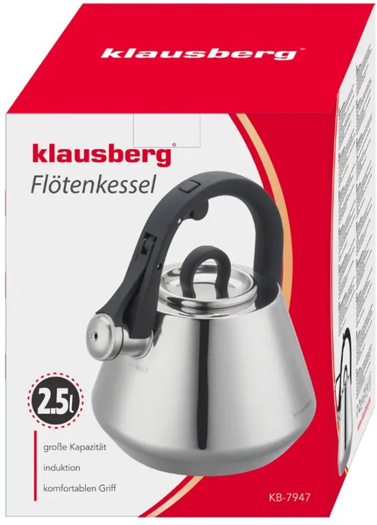 Klausberg 7947 - Flötenkessel mit Pfeife - 2,5 Liter - Edelstahl - silberfarben
