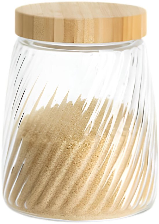 Bocal de conservation Food Essentials Ventura - cuisine - verre strié / bambou - 1,3 litre - couvercle rotatif hermétique - bocaux de conservation - pots de stockage