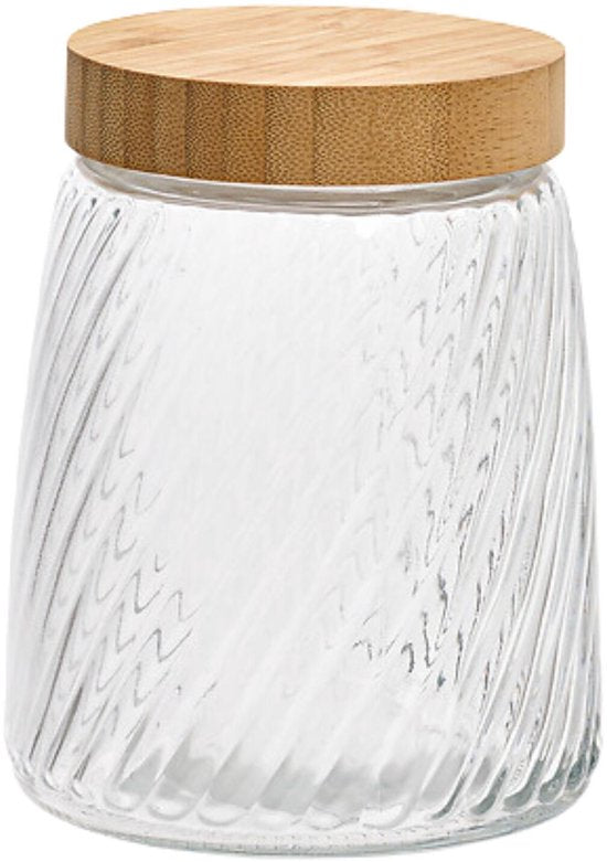 Bocal de conservation Food Essentials Ventura - cuisine - verre strié / bambou - 1,3 litre - couvercle rotatif hermétique - bocaux de conservation - pots de stockage