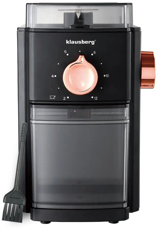 Klausberg - Koffiemolen - Elektrische Koffiemolen - Maalgraad Instelbaar - 250 g Bonenreservoir - Tot 12 Kopjes - Flat Burr Maalwerk - 150W - Zwart / Rose Gold