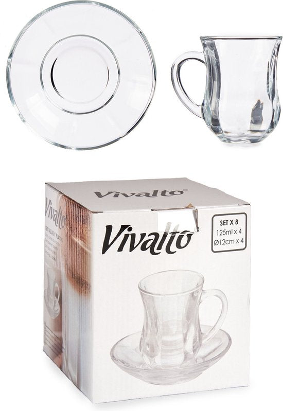 Vivalto Theeglas met Schotel en Oor - 125 ml - Set van 4 - Turkse Theeglazen