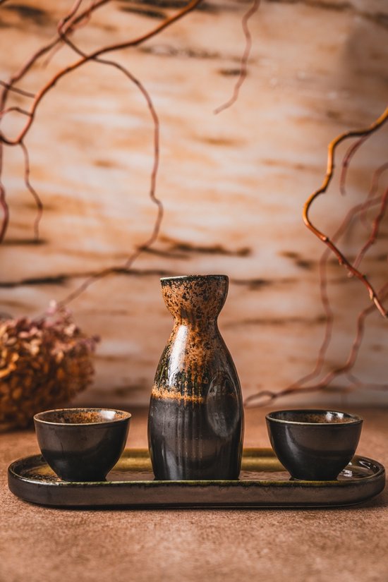 MPLCo - Ondes Sake-Set - Trinkset mit Karaffe und 2 Tassen - Japanisches Teeservice Wabi-Sabi - Geschirrset mit Tablett - Sake-Service - Schwarz-Braun