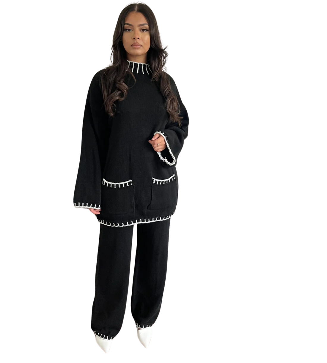 Lilly twinset – gebreide set, one size, in zwart, gebroken wit en khaki