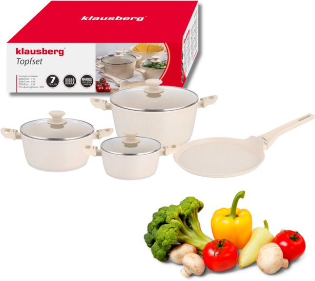 Klausberg KB-7963 pannenset 7-delig beige – marmeren antiaanbaklaag, inductie