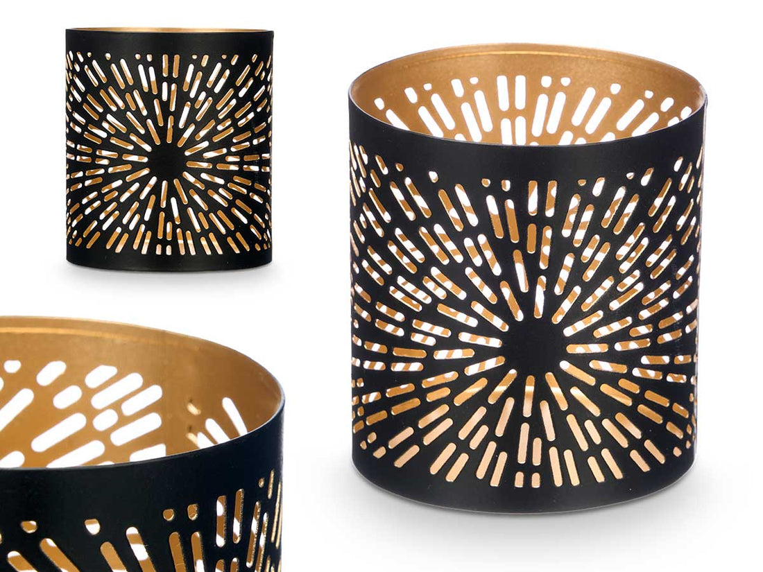 Windlicht Schwarz und Gold – perforiertes Design (9 x 9 x 10 cm)