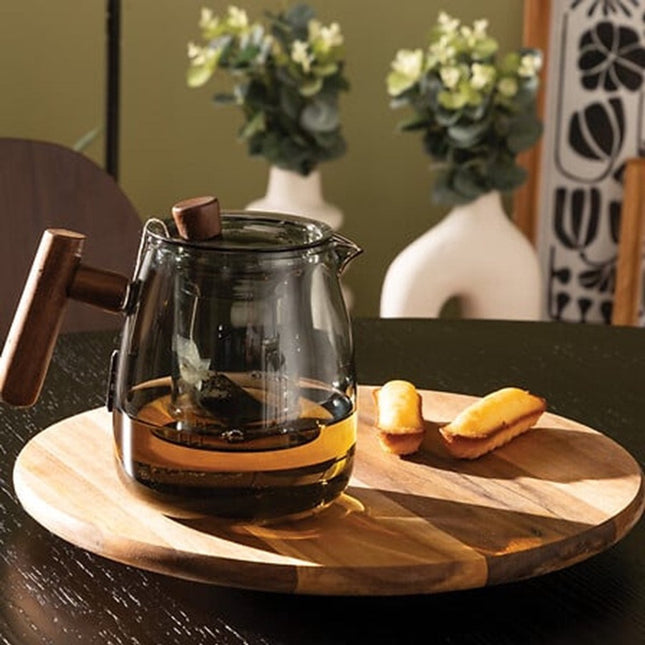 5Five Design Teapot - 800 ml - borosilicate glass - transparent grey - wooden infuser/handle - teapot
