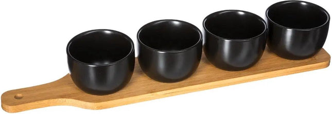 5Five serveerplank/borrelplank met 4 schaaltjes – zwart aardewerk en bamboe