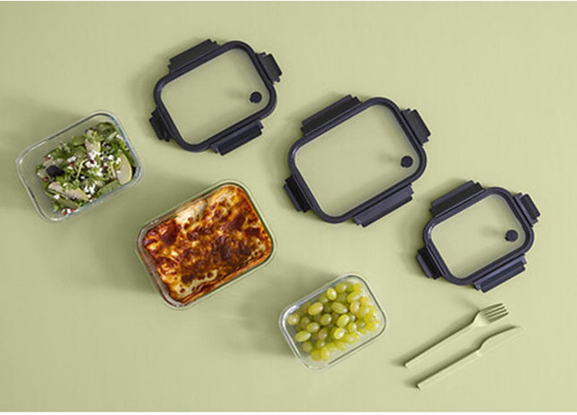 5Five Frischhaltedose mit Deckel - 2er-Set - Glas - luftdicht - mit Clips - 19 x 14 x 7 cm - 500 ml - schwarz / transparent