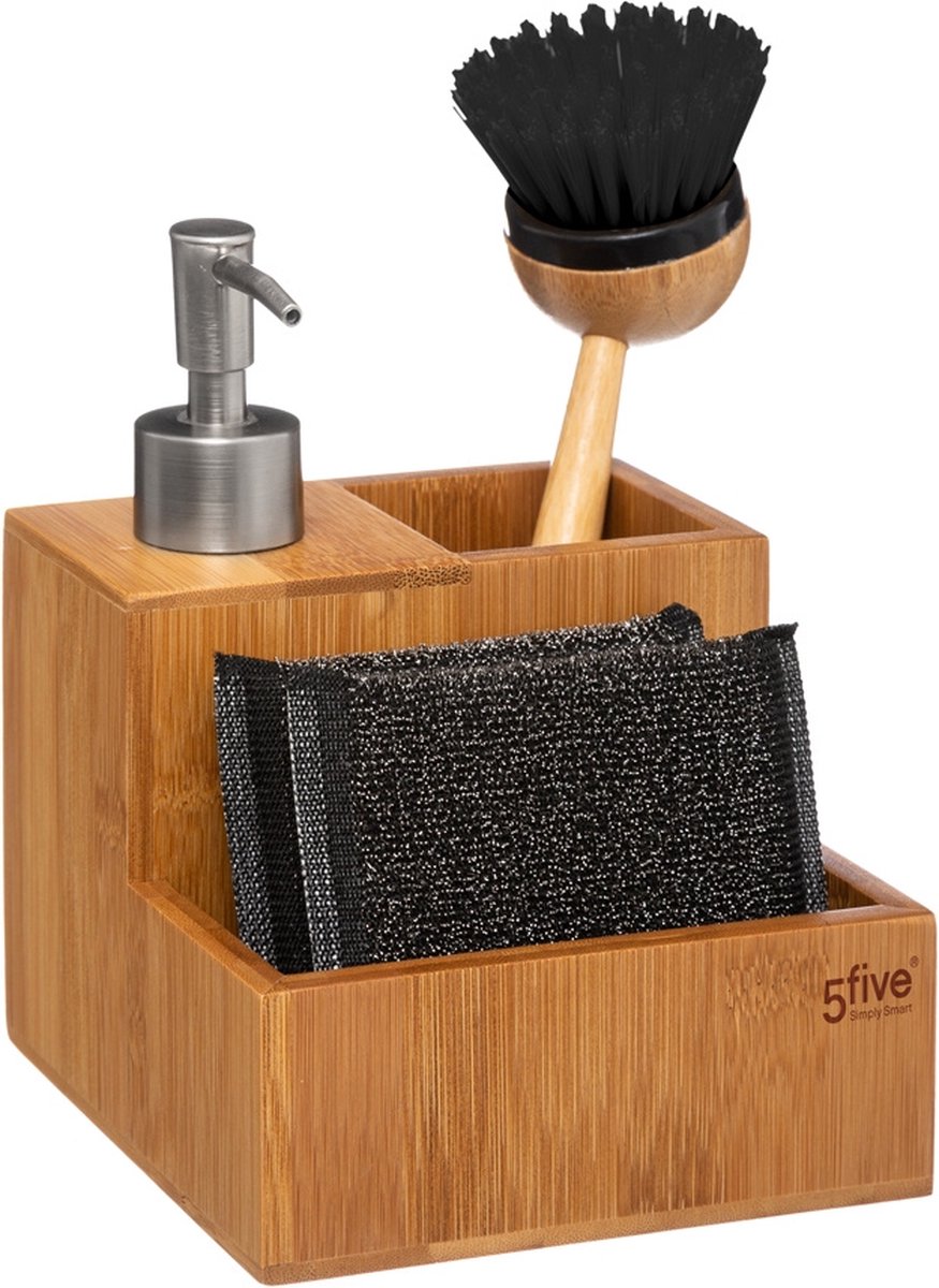 5Five zeepdispenser met gootsteen organizer van bamboe – 3 vakken, 350 ml