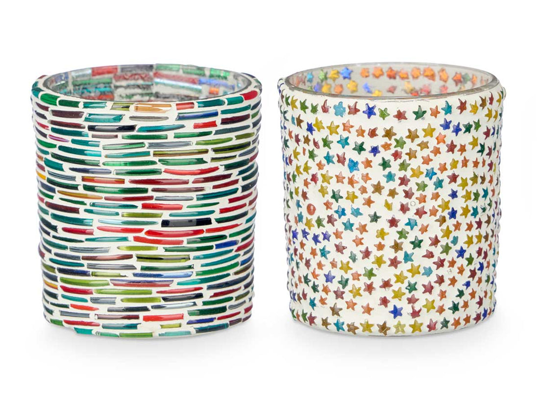 Windlichten van glas met strepen en sterren – set van 2, 8 x 8 x 9,5 cm