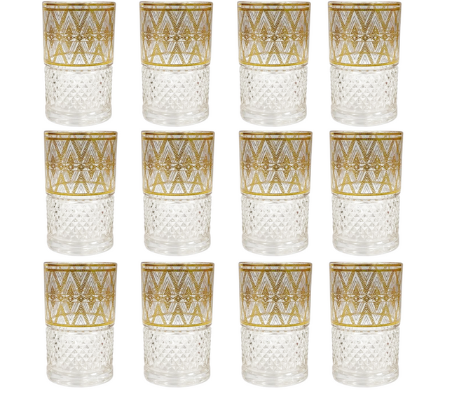 Marokkanische Teegläser – 12er-Set | Gold & Weiß Zickzack Design | 160ml