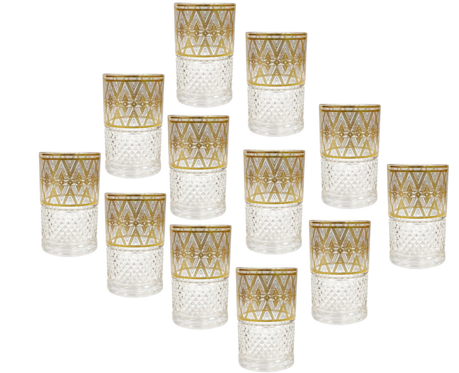 Marokkanische Teegläser – 12er-Set | Gold & Weiß Zickzack Design | 160ml