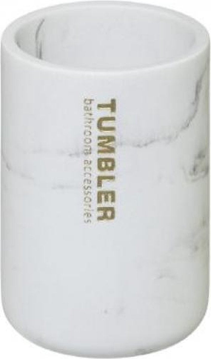 Marble design bathroom tumbler-White-Polyresin-Toothbrush holder-Cup