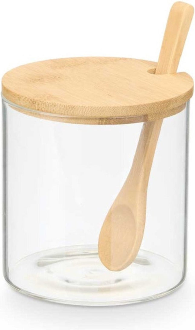 Vivalto suikerpot Bamboo van glas en bamboe – met deksel en lepel, 12 cm