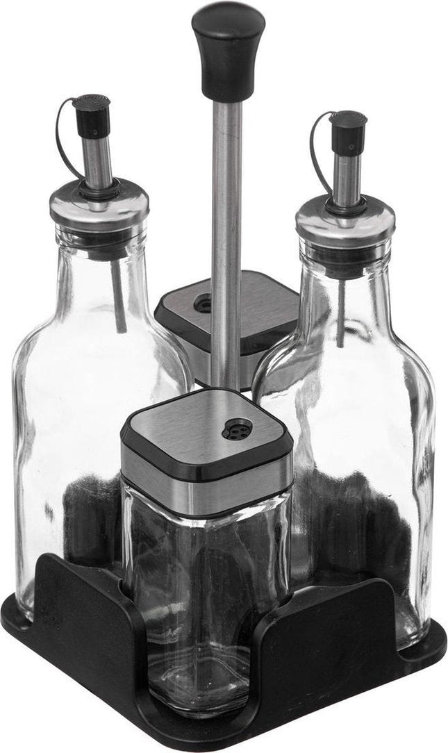 5five olie- en azijnset zwart – 4-delig met peper- en zoutstrooier, glas