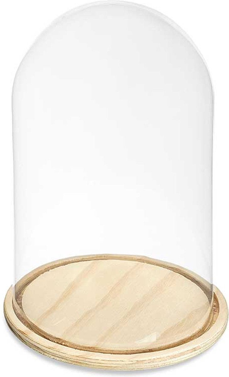 Giftdecor decorative cloche - glass - beige wooden base - D20 x H30 cm