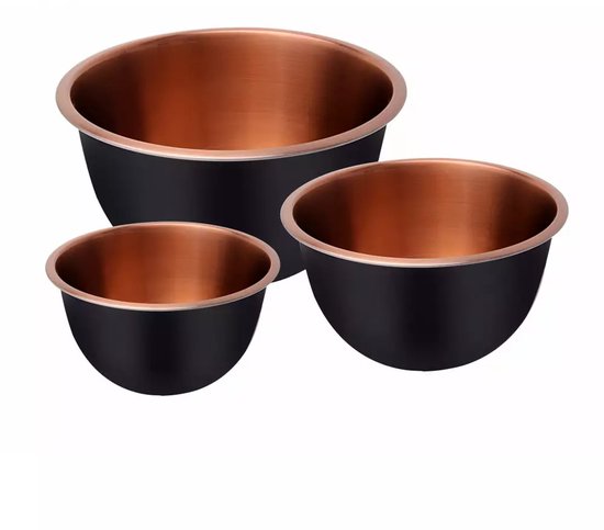 Klausberg KB7394 Roestvrijstalen Kommenset - 3-delige Set (1, 6L, 3L & 5L) - Zwart Satin Met Koperen Binnenkant