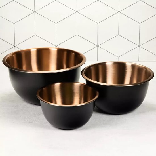 Klausberg KB7394 Stainless Steel Mixing Bowl Set - 3-Piece Set (1.6L, 3L & 5L) - Satin Black with Copper Interior
