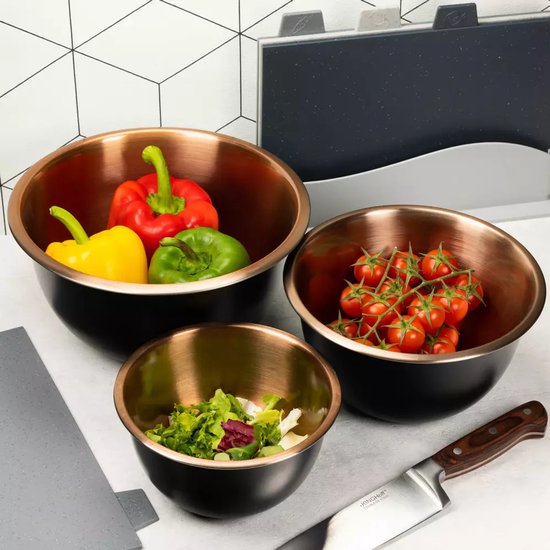 Klausberg KB7394 Stainless Steel Mixing Bowl Set - 3-Piece Set (1.6L, 3L & 5L) - Satin Black with Copper Interior