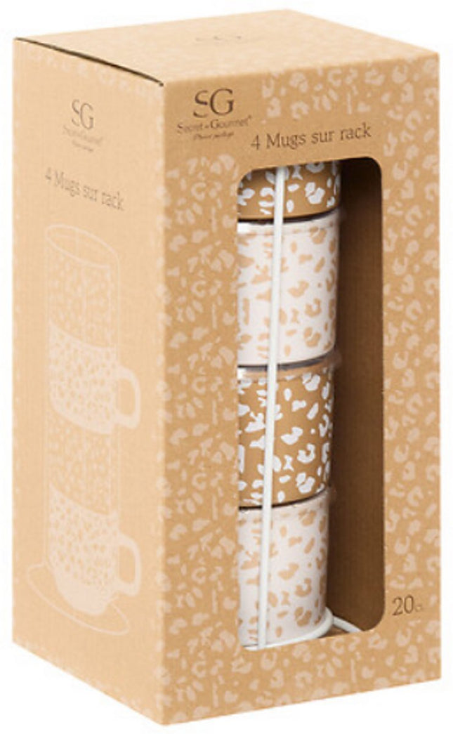 Leopardi Mokken Set van 4 - Luipaardenprint - 20 cl - 2x Caramel Bruin, 2x Wit / Beige - Kopjes voor Koffie en Thee - Panterprint - Theemokken set