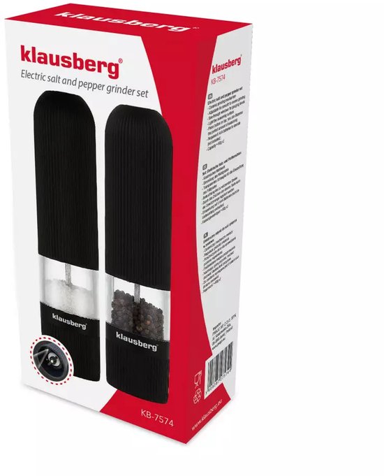 Klausberg KB7574 Electric Salt and Pepper Mills - Black - Adjustable Grind Setting - One-handed Operation - Non-slip Coating