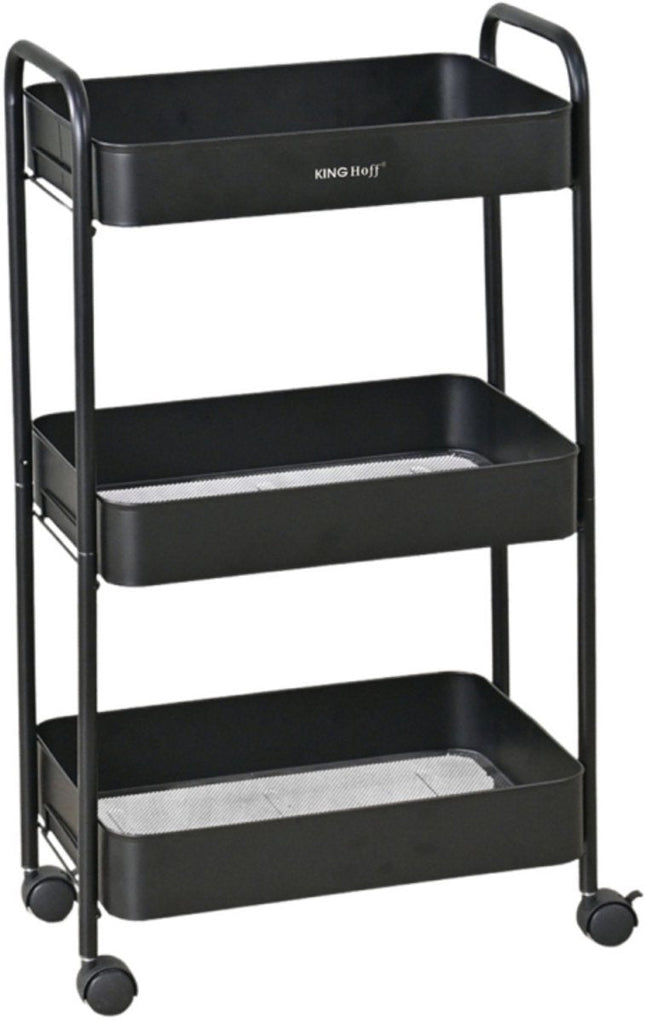 Kinghoff KH-1941 Mobile 3-Tier Shelving Cart - Rolling Storage Trolley for Kitchen, Bathroom & Office - Black - Kitchen Organizer - Bathroom Organizer