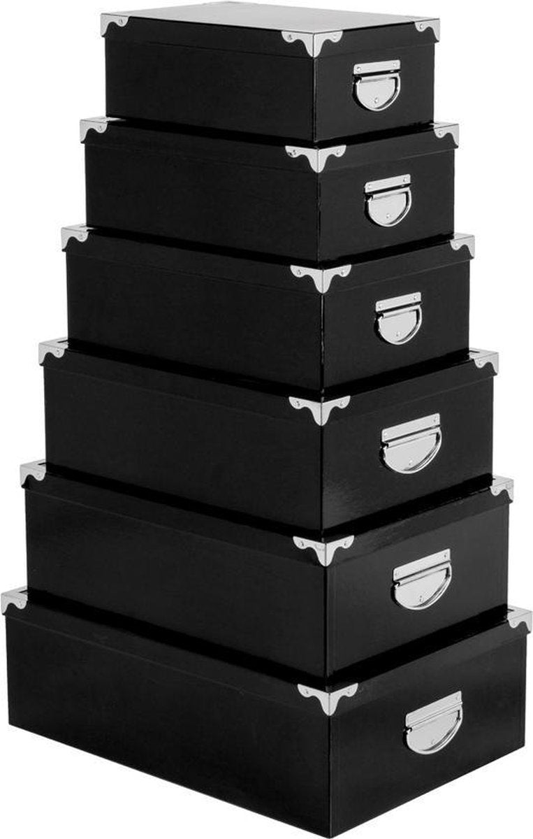 5Five zwarte opbergdozen met deksel en handvatten – 6 maten, stapelbaar