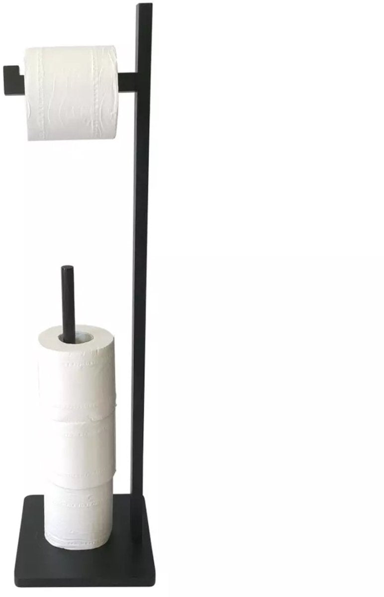 KINGHOFF - Freestanding Toilet Roll Holder - Standing  Toilet Roll Holder for 5 Rolls - Modern Toilet Paper Holder - Bathroom Organizer - Bamboo - approx. 19 x 19 x 71 cm - Black