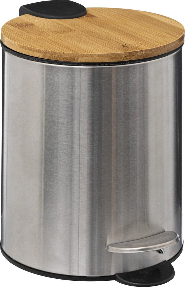 5Five Pedal Bin - silver / bamboo - metal - 3L - 23 cm - soft close - for bathroom and toilet
