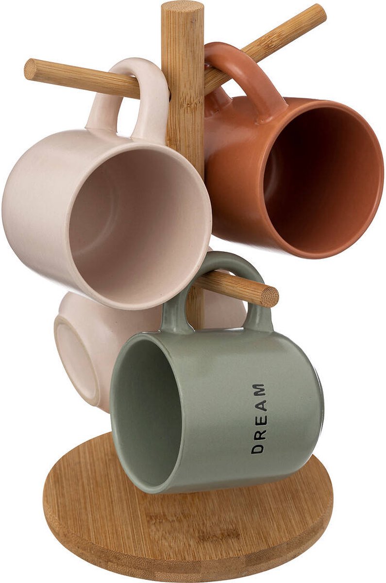 4er-Set Keramikbecher auf einem Bambusständer, 240 ml