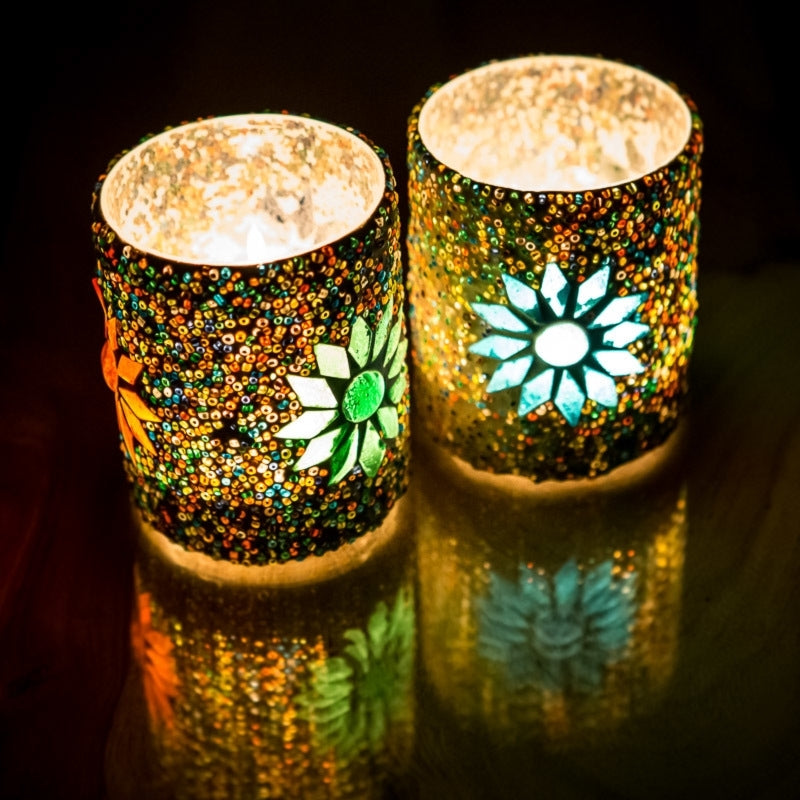 Mediterranean cylinder tealight holder set of 2 - mosaic & beads - multi-colour