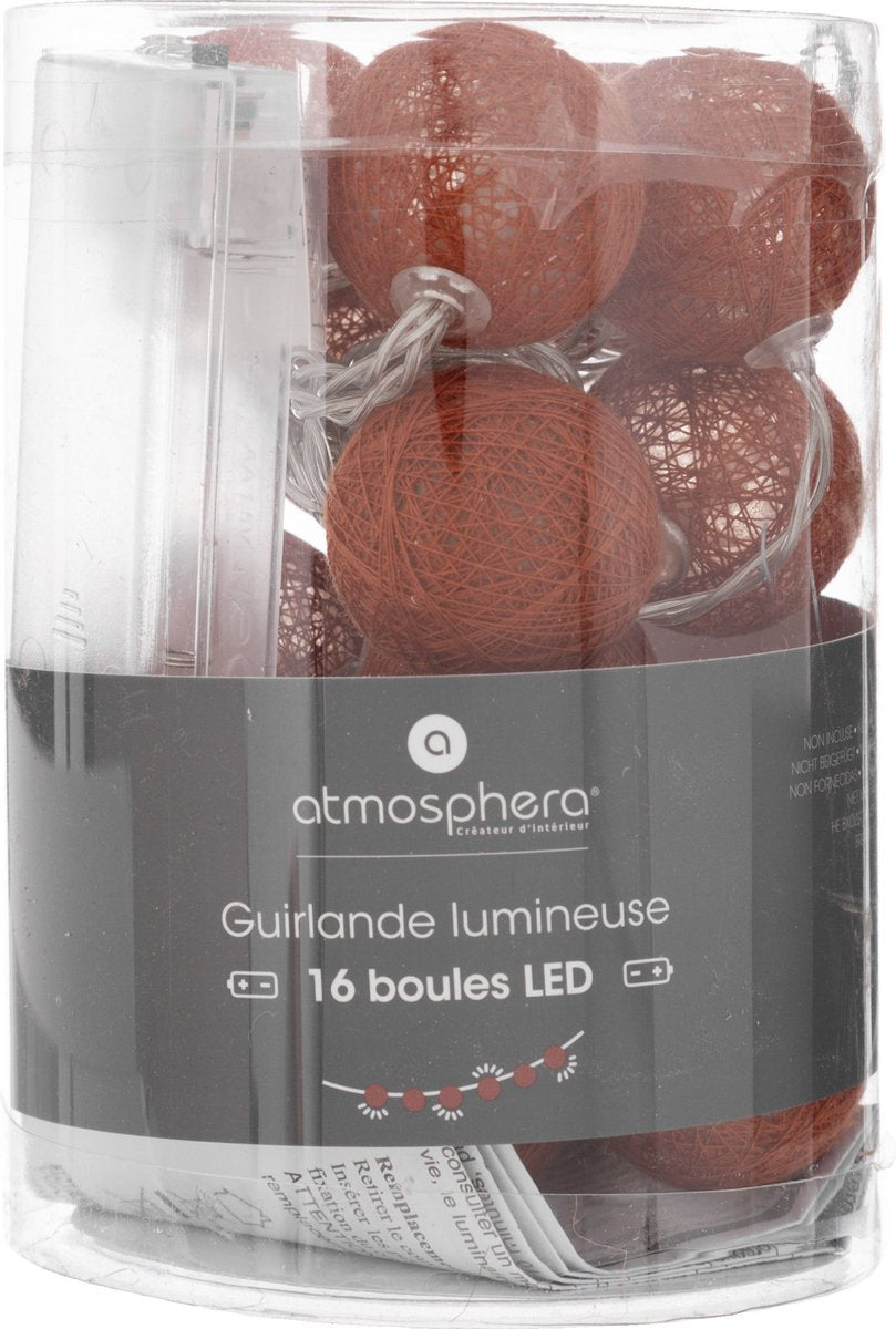 Guirlande lumineuse Atmosphera - 16 boules lumineuses 35 mm - terracotta - 255 cm - piles