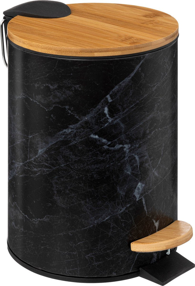 5Five Trash can / pedal bin Marble look - black - 3 liters - metal / bamboo - 17 x 25 cm - soft close
